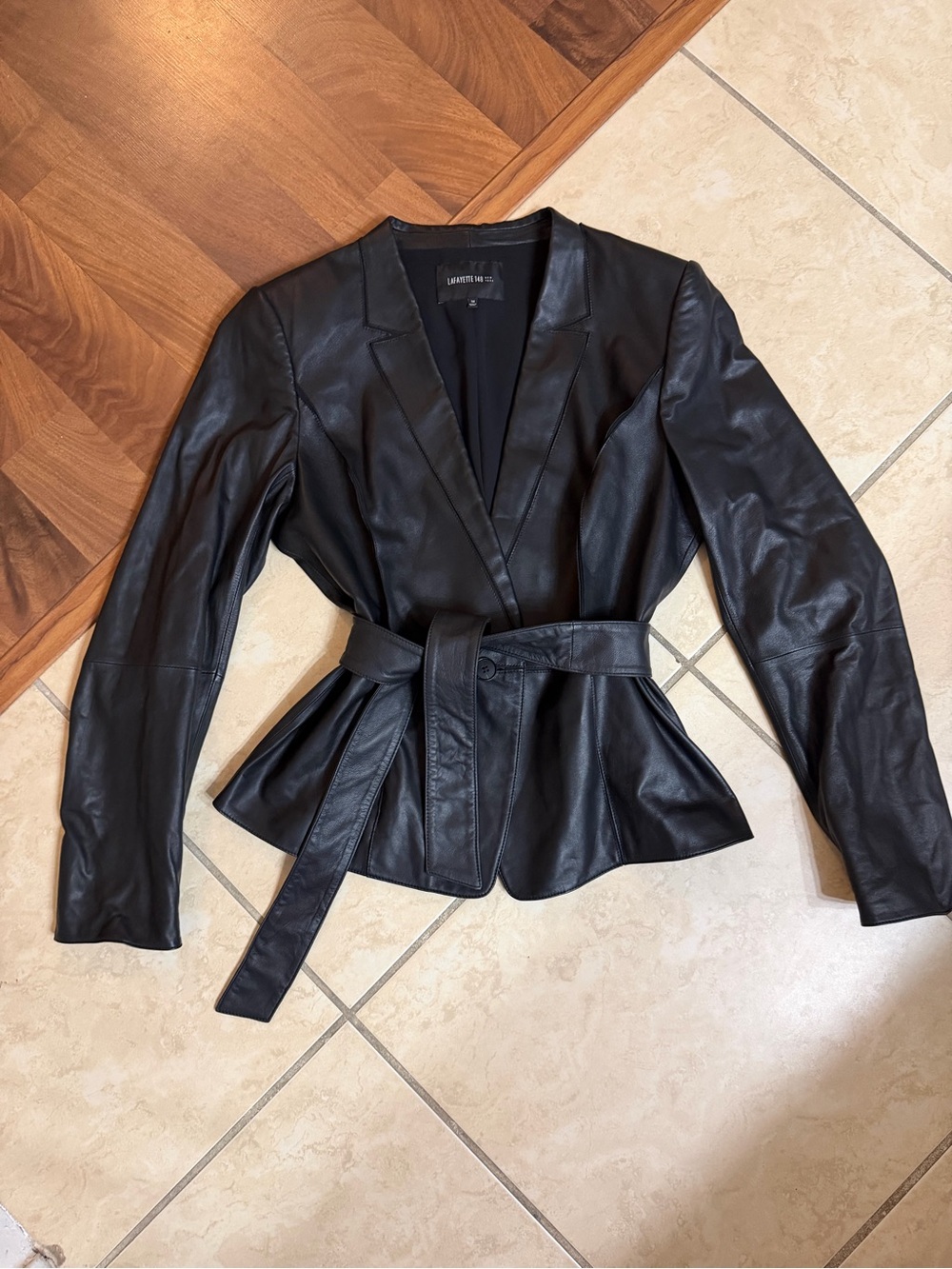 Lafayette 148 New York Black Leather Tie-Belt Peplum Jacket